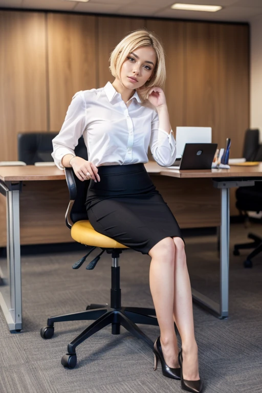 high quality,16K:1.1),((, German Woman、sitting in an office chair, Blonde Hair,、Hairstyle bun、Glasses、(business suit、 Pencil Skirt)), tights, Curvy,(View your viewers:1.3),(Full Body Shot:1.2),(Background is Office 1.2),