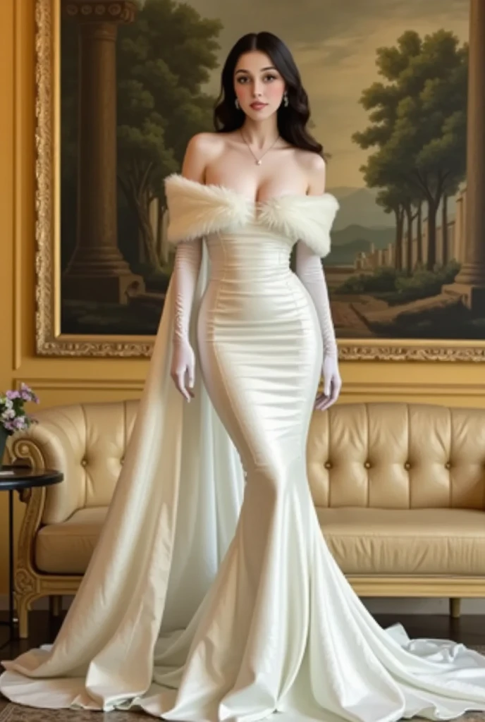 Liv Tyler wearing delicate and fluid elven dress, white, silver, golden,  full-body, florest
