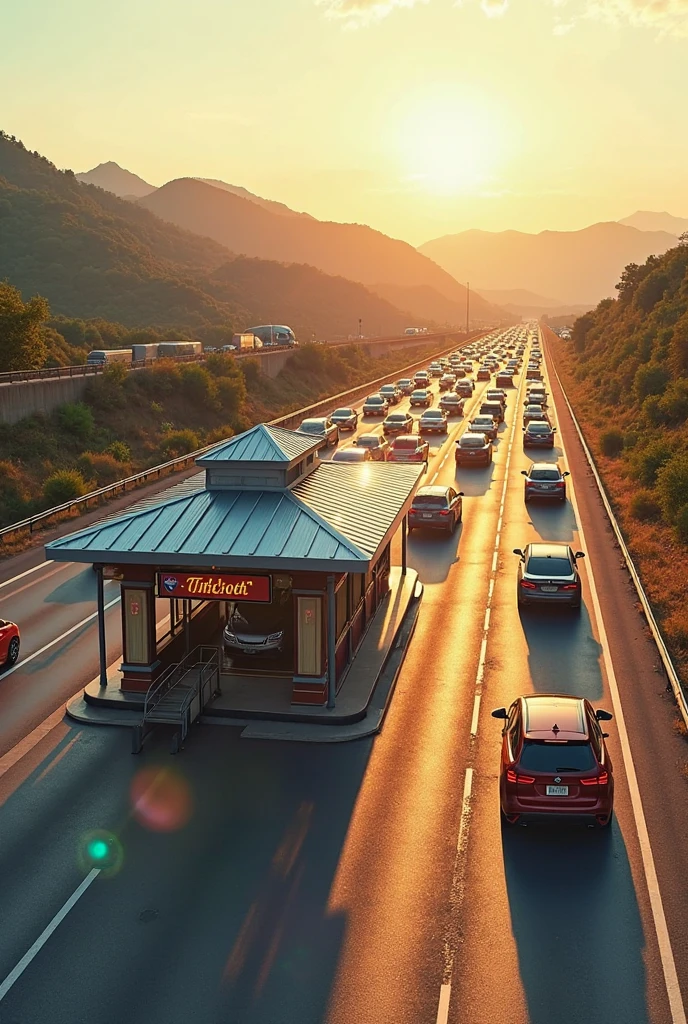 Masterpiece: Photo of a highway toll booth. Maximum detail, 64-megapixel photo quality. Vehicles in the background. Midday light.