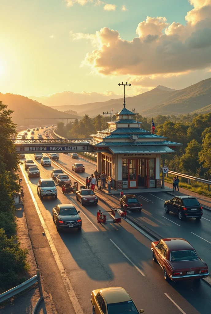 Masterpiece: Photo of a highway toll booth. Maximum detail, 64-megapixel photo quality. Vehicles in the background. Midday light.