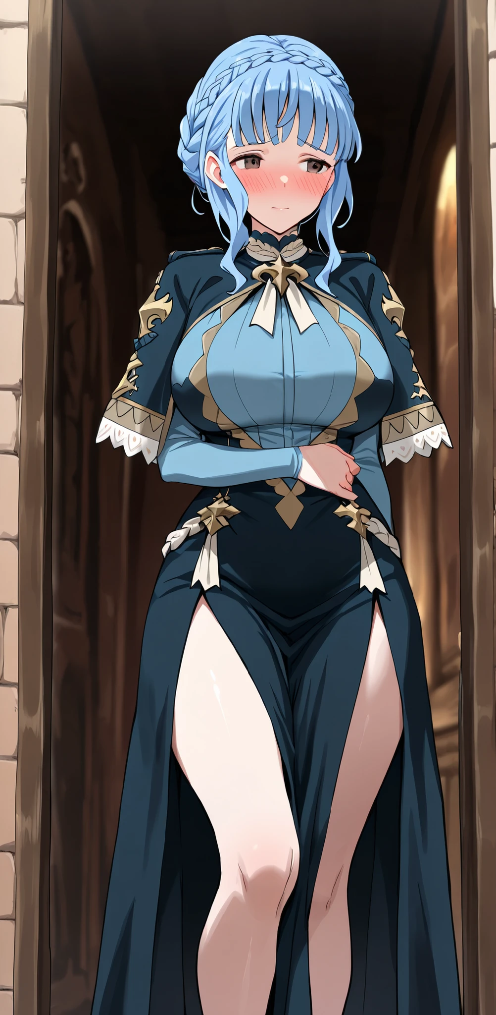 masterpiece, ((ultra detailed background, delicate pattern, intricate detail)), (highly detailed, fine details), best quality, beautiful lighting, ((medium breasts, slim girl)), MereoleonaVermillion, 1girl, solo, orange hair, smile, blue eyes, cape, open mouth, makeup, grin, fire, (cowboy shot), complex detailed background, inside, castle room environment, medieval castle, gray walls, window, bookshelf,, huge breast, flipflops, full body, feets, walking