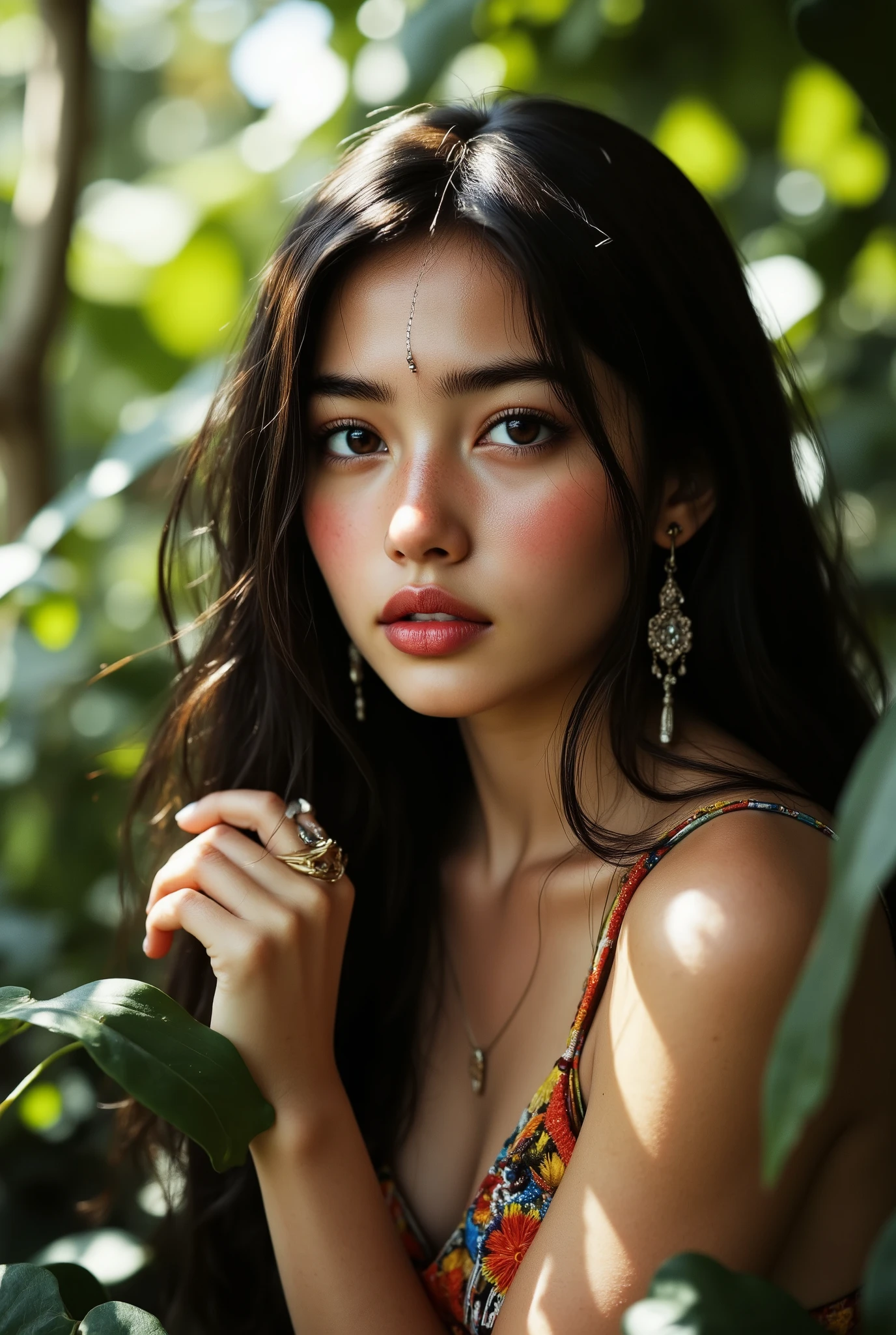 A stunning young indigenous woman in a lush jungle setting. She has smooth bronze skin, long straight black hair, and expressive dark eyes. She wears traditional handcrafted jewelry and a vibrant outfit made from natural fibers and colorful patterns. Her expression is serene yet full of life. Sunlight filters through the trees, highlighting her natural beauty. High detail, soft cinematic lighting, portrait focus.