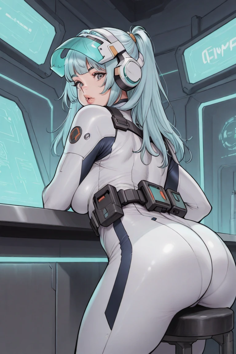 Wisp,helmet, from behind,ass, solo,space cabin,indoors,science fiction, (insanely detailed, masterpiece, best quality),