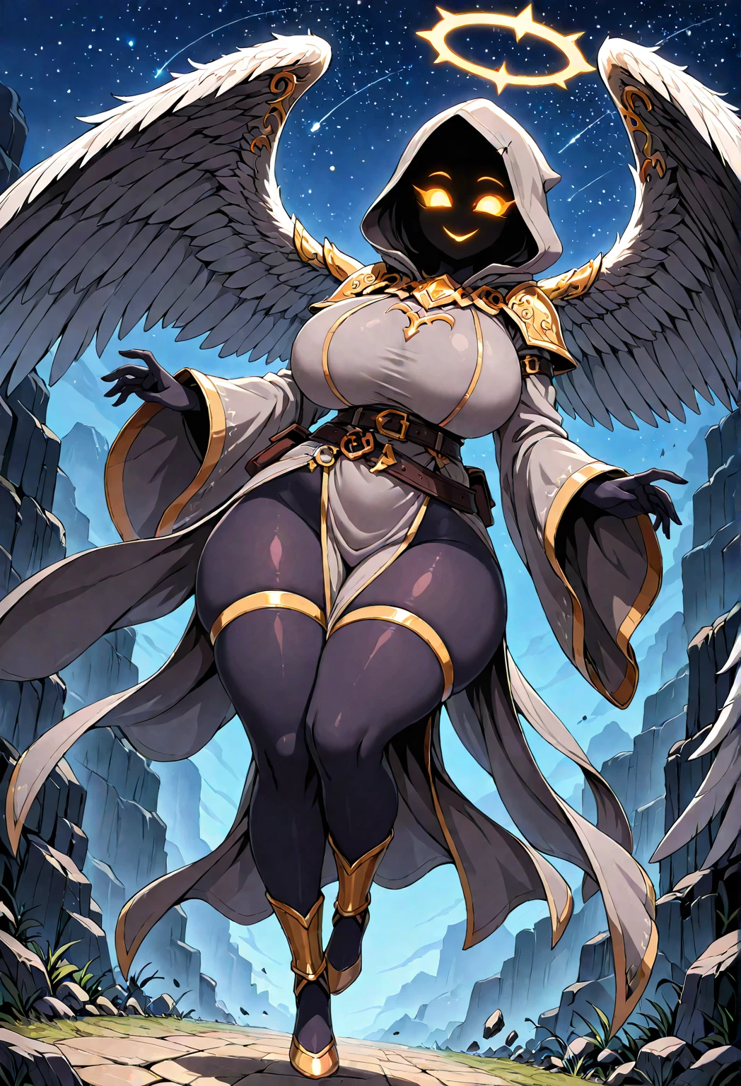 glowing eyes, purple accessories, 1 crowned queen sitting on a throne with a sunset in a forest, dark skin, purple clothes, imposing scary expression, looking down
