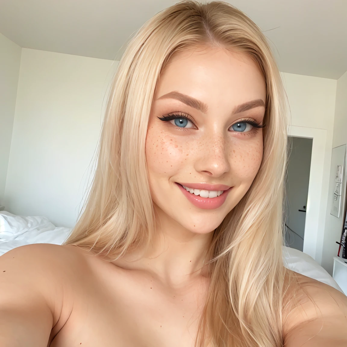21-year-old Scandinavian glamour model, detaillierte Augen, Wimpern, Stirn, kurzes Haar, blondes Haar, Blick auf den Betrachter, Smile