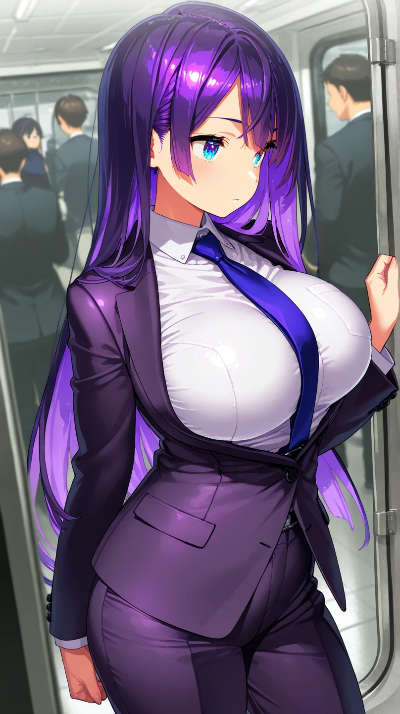(masterpiece:1.37), best quality, (extremely detailed:1.37), woman, mature, adult, (large breasts:1.5), very long hair, (straight hair:1.5), dark purple hair, purple eyes, (extremely detailed eyes:1.37), business suit, necktie, (long pencil skirt:1.5), pantyhose, desperation, (wetting self:2.0), standing, embarrassed, humiliation, blushing, angry, city, futuristic, neon lighting, high-tech, street