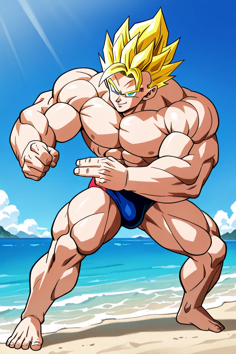 (Eine detaillierte Zeichnung von broly , Bodybuilding-muskelstrand.), With bare upper body, Kleidung boxershorts, the strongest of all, huge muscular body, big Bizeps, large shoulders, Muskelbeine,Abs, barefoot, Toes , Full body image , flexing muscles on the Beach