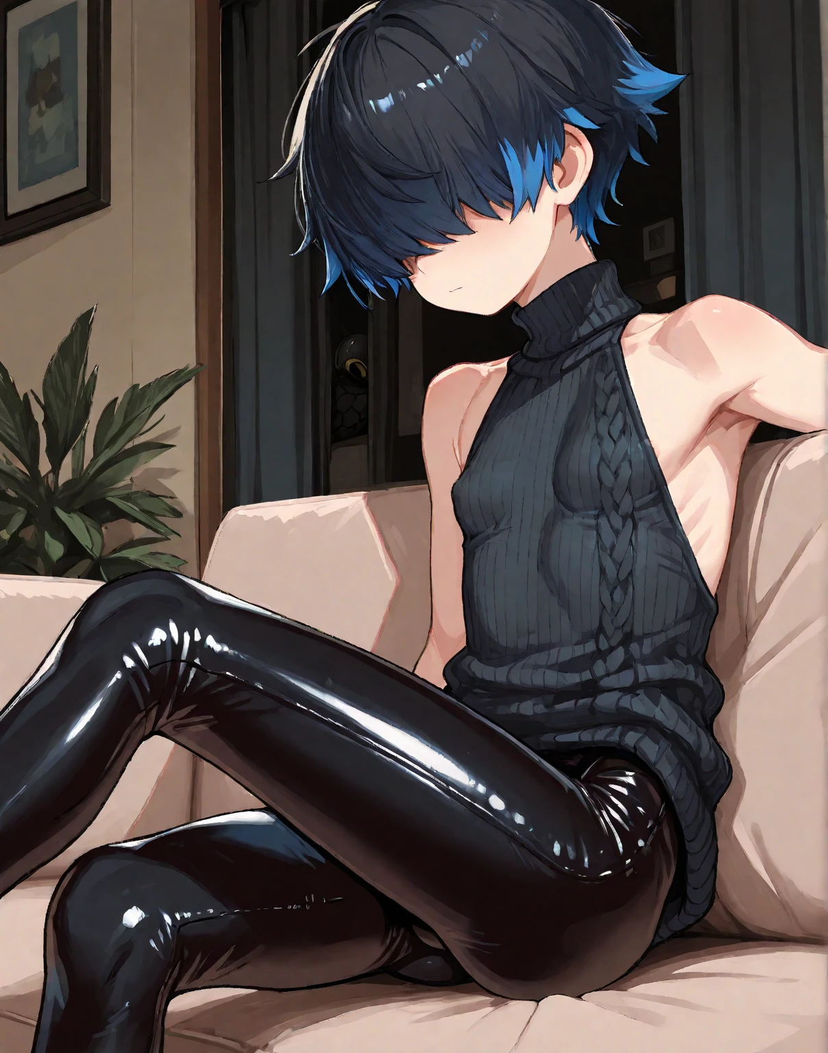 (shaded face),,looking up,(((no pupils))),((empty eyes)),drooling,open mouth,((glowing eyes)),(expressionless),((hypnosis)),(((best quality))),((mind control)),(ultra detailed),(finely detail),(incredibly absurdres),(highres),(((masterpiece))),bare pectorals,((((Bare topless)))),(((((nsfw))))),yaoi,looking at screen,(mind break),dark persona,streaked hair,((short hair)),(((male))),(male focus),male child,(((arms behind back))),spread legs,arm support,kneeling,indoor,bed,thigh strap,(black leggings),(full body),stare,eyeball,((expressionless eyes)),(((erection under clothes))),erection,,( milking),(veiny ),large ,(red eyes),half-closed eyes,student,saliva,testicles,large testicles,heart in eye,mist,fog,(Purple mist),breathing,breath,knees up,(( in panties)),corruption,lens flare,best shadow,anime face,muscle,(1boy),(((boyshort panties))),endured face,((half closed eyes)),open mouth,tongue