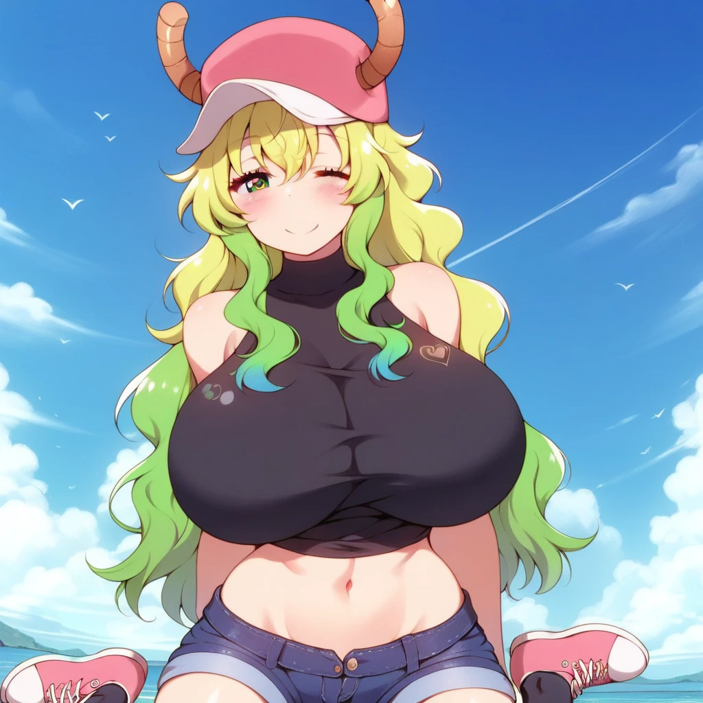 anime art style, 2d, masterpiece, best quality, very aesthetic, absurdres, dynamic shadows, atmosferic, lucoa_md, (1girl), (blonde hair), long hair, (gradient hair), green hair, blue hair, ((closed eyes)), ahoge, hair between eyes, bangs, big breasts, cleavage, curvy body, collarbone, makeup, sexy, ((horns)), ((hat)), ((pink baseball cap)), white bikini, micro bikini, o-ring bikini, sexy smile, (cowboy shot), sitting, spread legs, legs up, bottom down, from front, beach, clouds, sky, looking at viewer