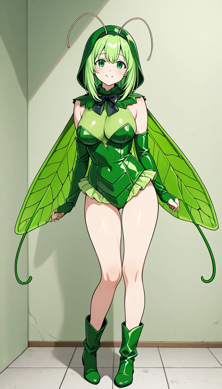Anime girl in green and black costume on wings and green background, big breasts, slim body, revealing dress,super minidress, pixie character, fairy, forest fairy, insect trainer girl, brunette elf with fairy wings, pixie, cute 3d anime girl rendering, April rendering, fairy dance, open legs.