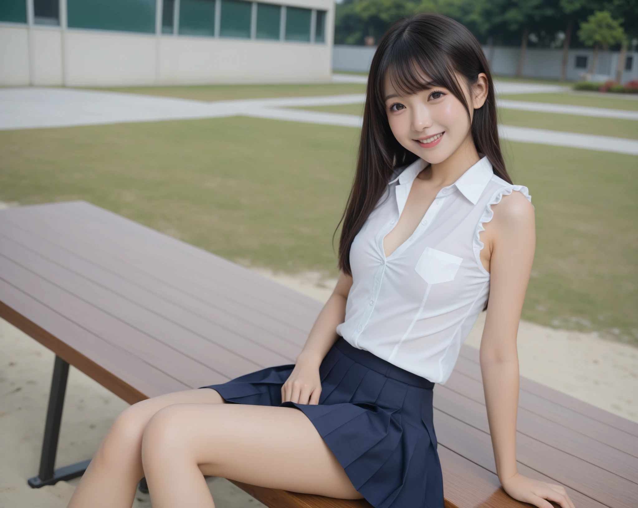 Photo Real、photoRealstic A dark-haired、Straight hair、shorth hair、Very short hair with round face、drooing eyes、Laugh so hard that you can't see it、Open mouth and laugh out loud、Narrow-eyed、no-makeup、Suppin hi-school girl、sixteen years old、skinny body、muscular body、Soft thighs、large full breasts、vaginal、、Female genitals、japanes、full body Esbian、Very flexible body 校服、White shirt、Navy blue ribbon、Navy blue skirt、Very short skirt、The whole body gets wet with sweat Pose with open legs、Take rhythmic gymnastics poses、One leg standing pose、Crotch that opens more than 300 degrees、Lifting the calf、Show off your crotch、Exposed crotch、Very smiling Background with、Classroom、window、chalk board