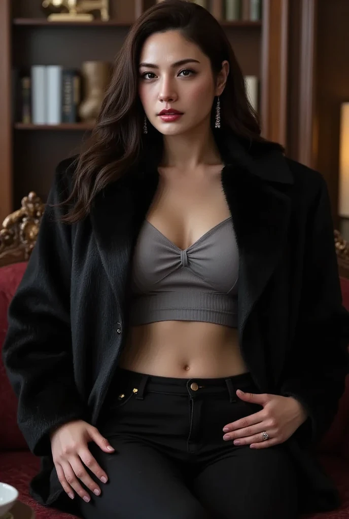 21yo girl, (bob Hairstyle). ((Wearing black oversize puffer jacket, open jacket)), black lace bra, black lace panties. natural big breast, show cleavage, ((big thigh, plump body)). Standing pose. Gray background