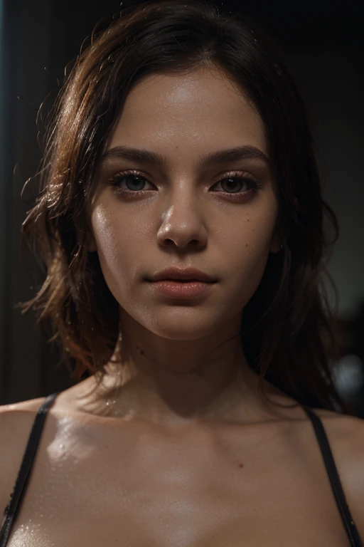 Full face portrait photo of a 25-year-old European girl, nude, RAW, beautiful woman, semi-open strawberry lips, dimples, wistful look, (extra long wavy brown hair), ((detailed face)), ((detailed facial featureinely detailed skin), pale skin, (deep neckline detailed high-tech cyberpunk dress), cyberpunk megacity environment, (cool colors), damp, damp, reflectionasterpiece) (perfect proportion)(realistic photo)(best quality)  (detailed) shot on a Canon EOS R5, 50mm lens, F/2.8, HDR, (8k) (wallpaper) (cinematic lighting) (dramatic lighting) (sharp focus) (intricate),RAW photo, gigachad photo, posing for camera, 8k uhd, dslr, high quality, grain film, Fujifilm XT3