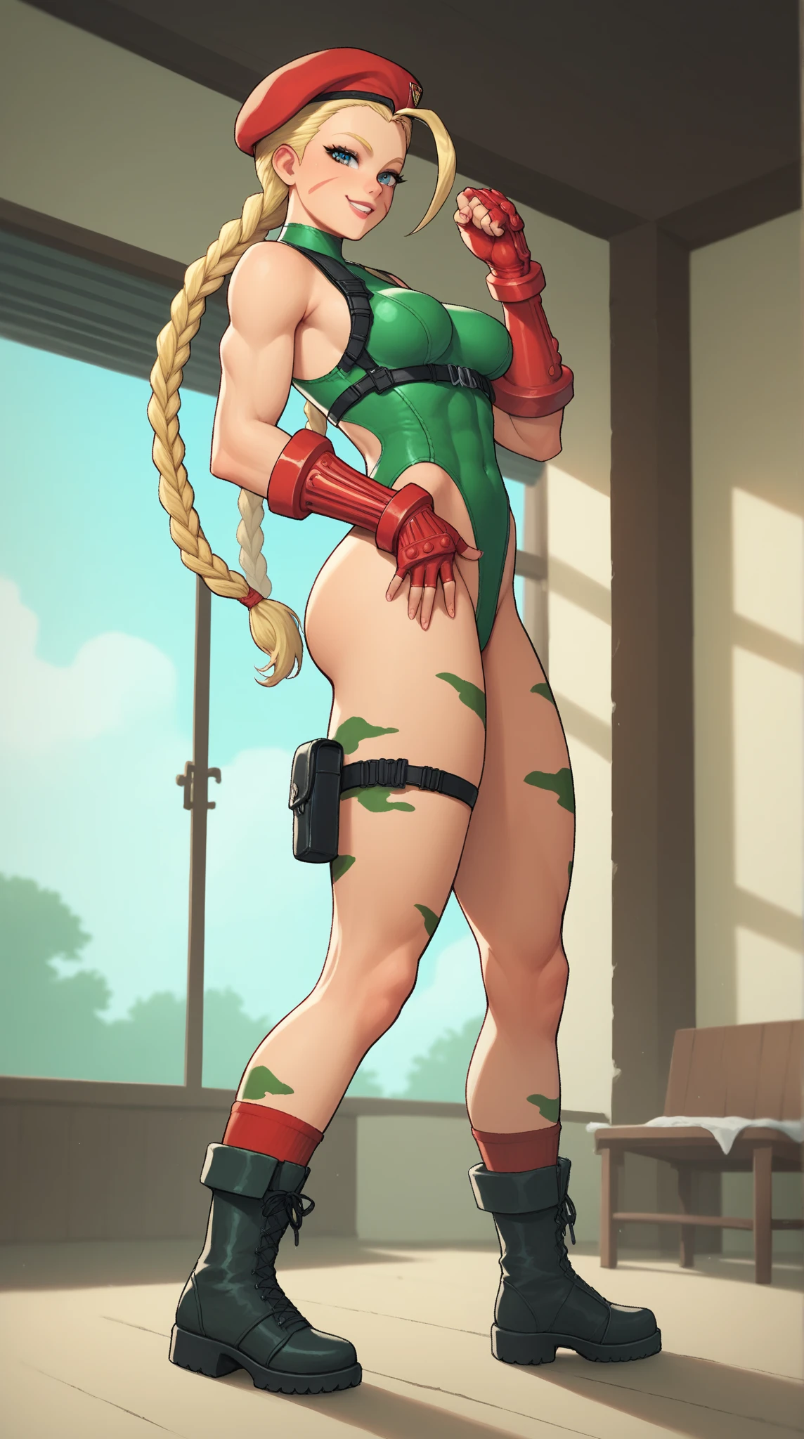 street fighter cammy, showing big ass, Leaves, grade background. (((half naked)))