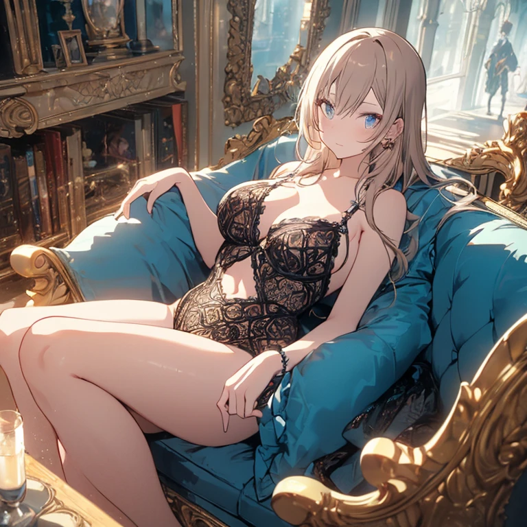 A blonde woman in blue underwear sits on a sofa、Crossing legs 8K quality animation, (High-resolution animation), Ultra-high resolution rendering, (Russian women: 1.5), (Queen's bedroom background), (Queen reclining on a luxurious sofa), (Platinum Blonde Hair: 1.5), (Beautiful profile: 1.8), Blue Earrings, (close your eyes: 1.8), (Open your mouth), blush, Place your hand on your left arm and left chest, open front red dress, Dress wrinkles on stomach, Big cleavage, black and blue bra, Spread your legs, (Black panties with blue lace at the crotch: 1.5), Blue pumps on your feet.