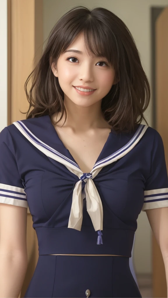（8k、Raw photography、highest quality、masterpiece：1.2),(black haired、very short hair:1.8),(twin mitsu braid:1.4)、show viewer,Looking at the front,erotic,白いskin,(She is wearing a brightly colored school uniform。.。.:1.7)、()、(Clothing that emphasizes the shape of your chest、publish one&#39;skin:1.8)、(big breasts :1.4)、slim body shape、ultra high resolution,beautiful,beautiful fece,(alone、no background:1.9),whole bodyボディー,japanese woman,（Photoreal：1.37）、photon mapping,reality、(Baby-faced and cute: 1.0)、(cute smile: 1.7)、(With a round face: 1.7)、radio city、Physically based rendering、depth of field rally background、photograph, (I can see your knees,too short skirt、close up of thighs、show white panties:1.5),whole body、super fine