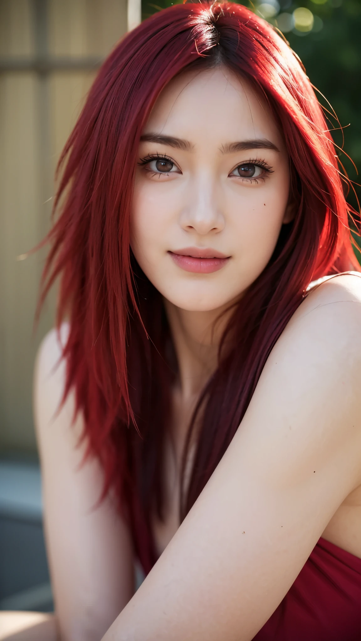 A hyper-realistic portrait of a real-life woman inspired by Uzumaki Karin from Naruto Shippuden. She has long, vibrant red hair, stylish glasses, and a confident, intelligent look. Her eyes are sharp and expressive, glowing with warmth and intensity. She is smiling gently, with a hint of mischief. The setting is softly lit, with natural light accentuating her smooth skin and detailed facial features. Her outfit is subtly modern but reminiscent of her anime appearance, with a zipper top and dark accents. The overall image is super detailed, photorealistic, and captures her beauty and charm in a lifelike, cinematic style