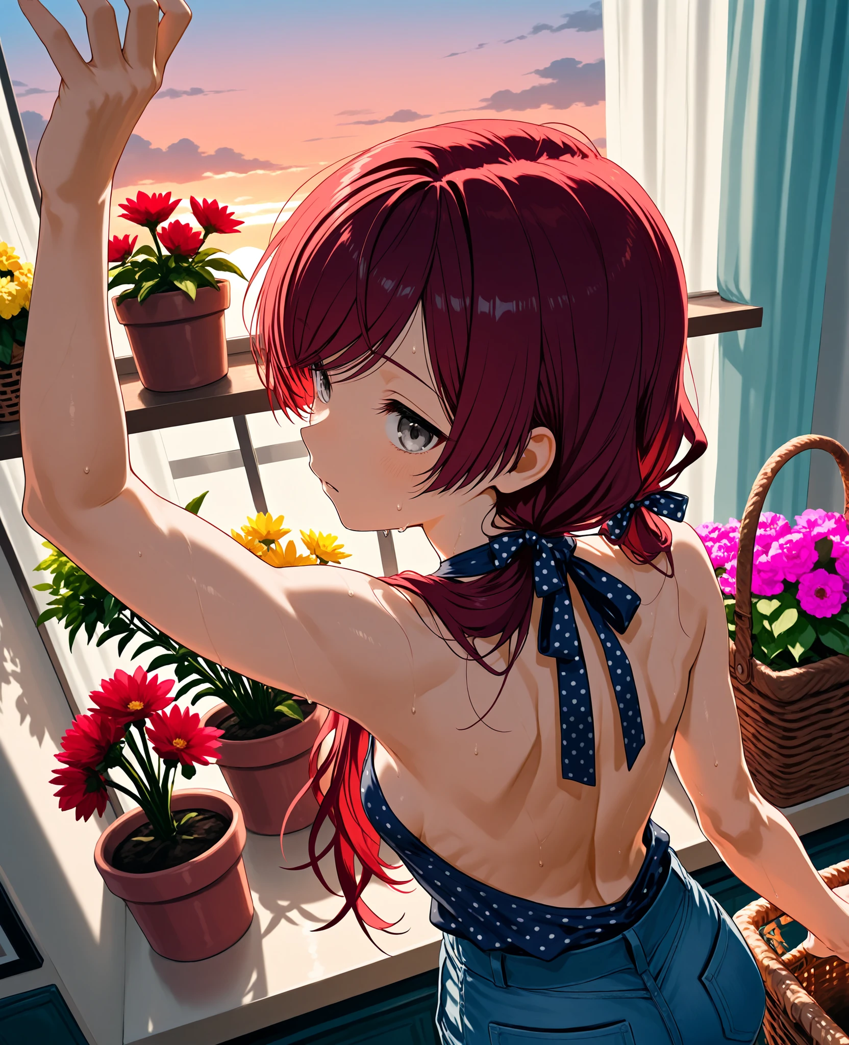 score_9, score_8_up, score_7_up, back view, from above, sweat, reaching up to set potted flowers on shelf, arm up, leaning, long low twin tails, gray eyes, dark red hair, long swept bangs, thin, close up, small breasts, toned arms, basket, flowers, backless sleeveless halter neck shirt, dark blue shirt, polka dot shirt, baggy shirt, blue jeans, hair ribbons, polka dot ribbons, flower store, curtains, dusk,