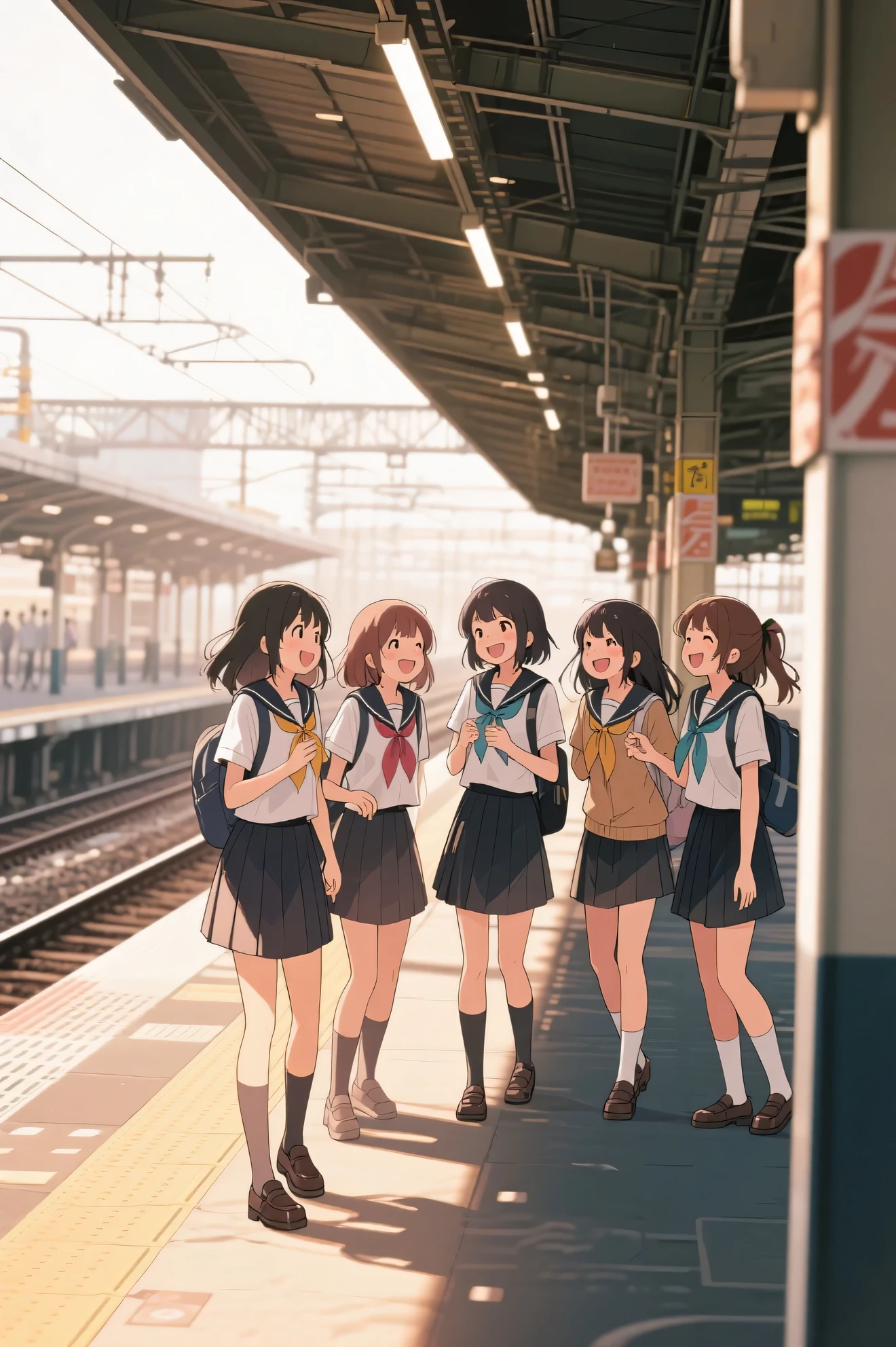 Highest Quality、anime style、High school girls in uniform laugh and chat with each other on the train station platform、masterpiece