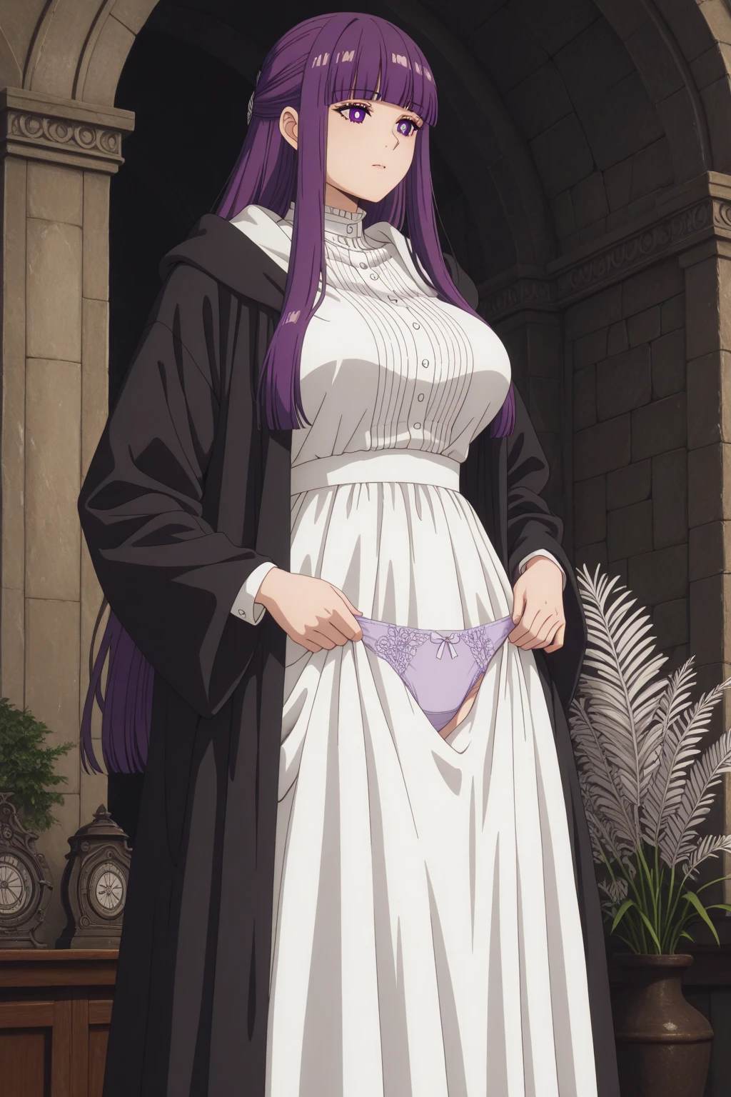(((Pixel Perfect, Perfect detail))), ((alone, 1 girl)), fern, long hair, bangs, (purple eyes:1.1), purple hair, sidelocks, blunt bangs, (bright pupils:1.5), half updo, long sleeves, dress, white dress, long dress, robe, black robe,(showing panties :1.3), full body, indoor