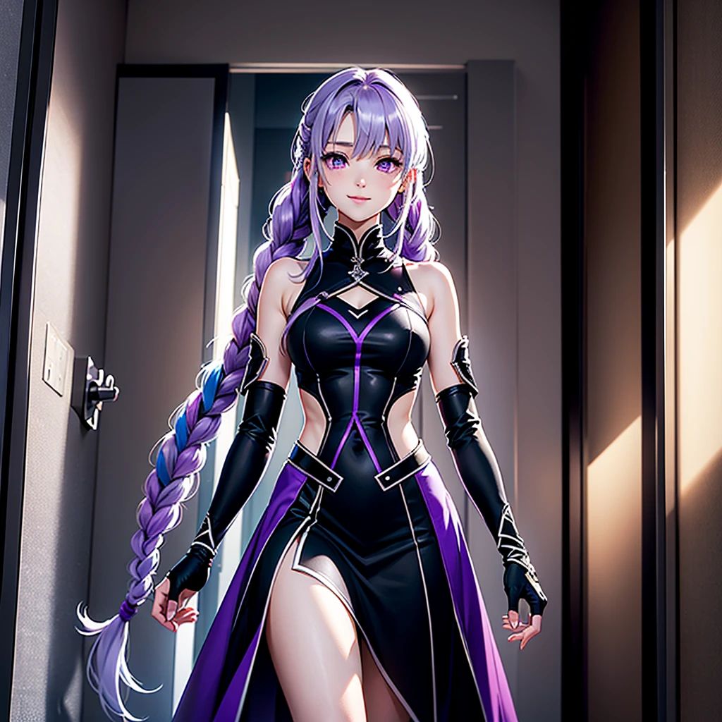 A woman wearing a black dress, walking in a chic room, white wall, gray marble floor, long silver hair, purple eyes, smiling, muscular, black heels, blurred background, bokeh effect, stereogram, tachi- e, atmospheric point of view, high detail, luminism, hyperrealism, brightness, 8k, super detail, accurate, best quality, high resolution, award-winning, anatomically correct

