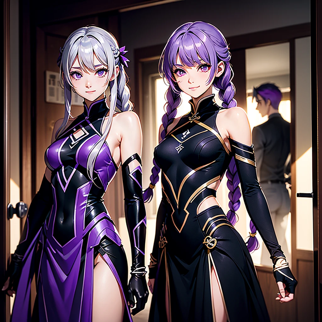 create me a male character with long purple hair yellow eyes especially