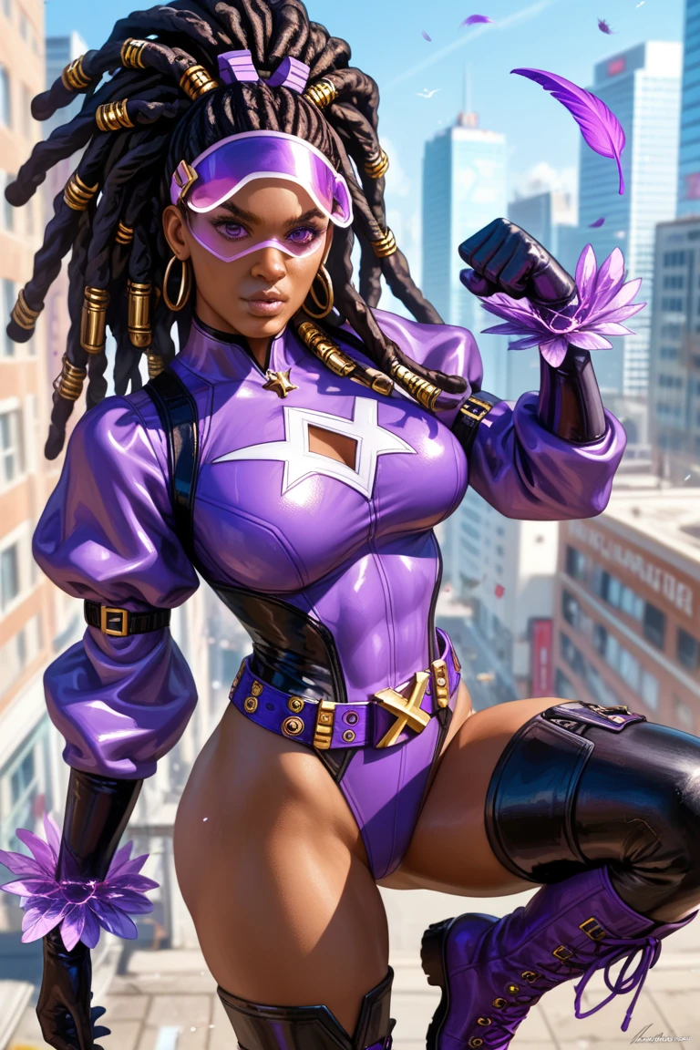 Comic Book Style Portrait of an African-American female, with dark black dreadlocks, purple eyes, super villain, dark skin, lust demon, sexy villainess, skimpy combat attire, perfect composition, hyper-detailed, 8K, high quality, perfect eyes, trending art, trending on artstation, sharp focus, studio photo, intricate details, by Matteo Scalera