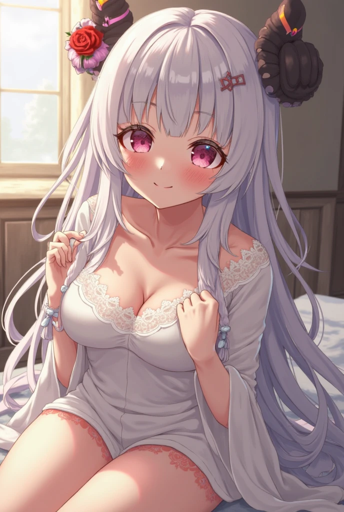 Emilia Les:zero, Gray Hair, white crown goodid, Purple ribbon on hair, white flowers on hair, White Lingerie, x Hair accessories, Purple eyes, Long Hair, Medium chest, Fox Ears, Fox Girl, One girl, alone,
(masterpiece:1.1), (highest quality:1.1), (Super detailed:1.1), (figure:1.1), Medium chest, One piece lingerie, good, panties, Camel Toe, lacy White Lingerie, Cleavage cutout, abdomen, View Viewer, Cowboy Shot, Blushing