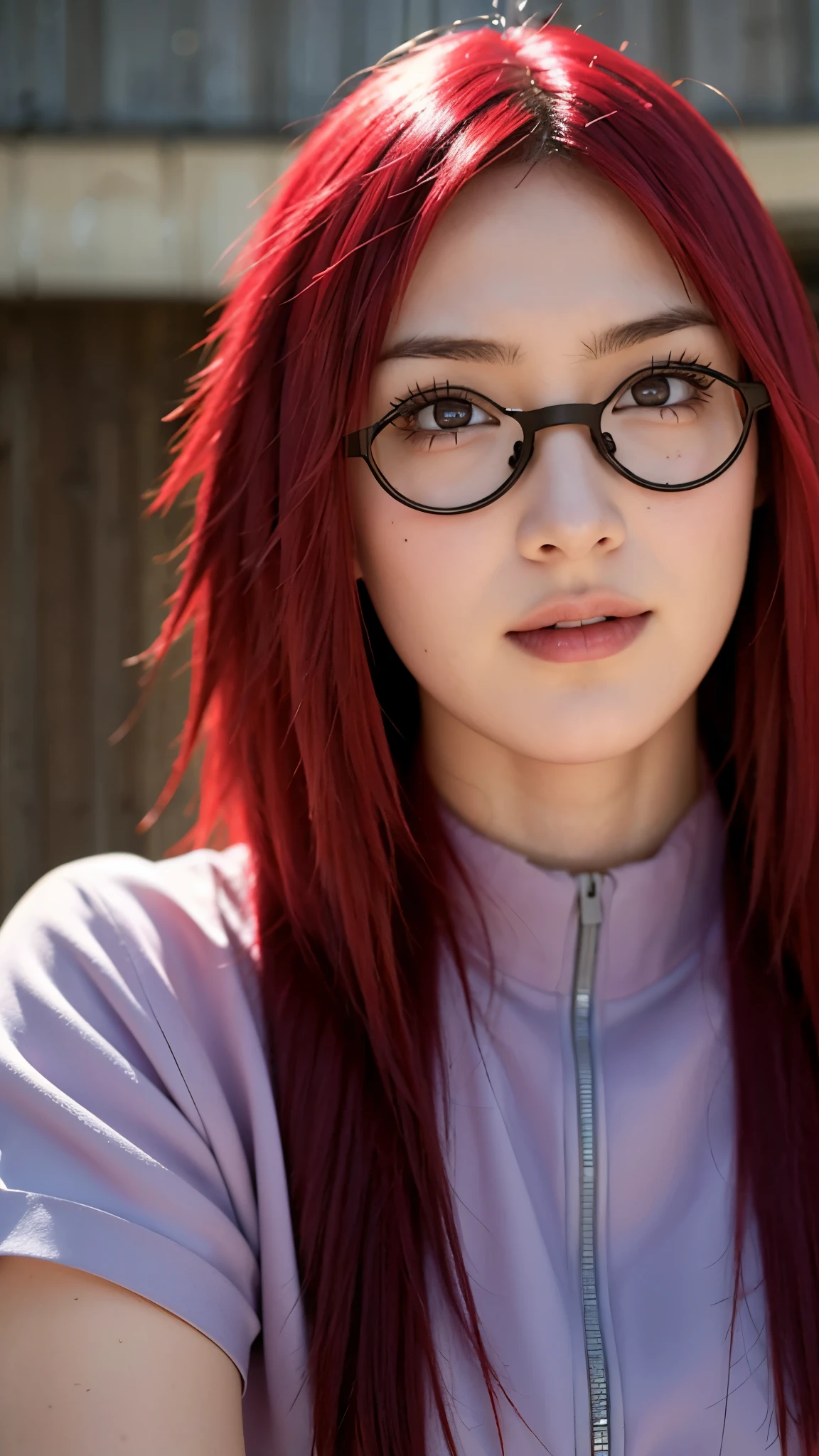 A hyper-realistic portrait of a real-life woman inspired by Uzumaki Karin from Naruto Shippuden. She has long, vibrant red hair, stylish glasses, and a confident, intelligent look. Her eyes are sharp and expressive, glowing with warmth and intensity. She is smiling gently, with a hint of mischief. The setting is softly lit, with natural light accentuating her smooth skin and detailed facial features. Her outfit is subtly modern but reminiscent of her anime appearance, with a zipper top and dark accents. The overall image is super detailed, photorealistic, and captures her beauty and charm in a lifelike, cinematic style