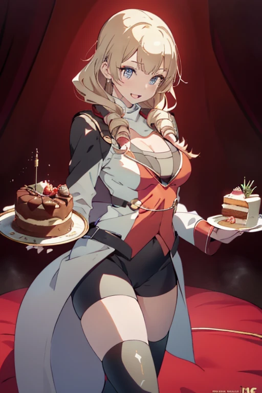 (dynamic angle:1.3, front view:1.1, breast focus:1.3, from above:1.1), (dynamic posing:1.2, sexy posing:1.2), (seductive smiling:1.3), ((looking at cake,Taking a cake out of the golden oven, worried about the outcome:1.2)),highest quality、(real、photorealistic:1.4),(ultra high resolution, 8K RAW photo, clear focus), best qualtiy, natural lighting, field depth, (Bright pupils, detailed beautiful eyes, high detailed face), Red lip, (tight focus:1.2), a girl 22yo old, Wearing a pastry chef uniform:1.3 , Thicc, thin breast, long hair, blue eyes,garter stocking, cleavage:1.2, midriff, black shorts, black thighhighs, thigh strap, pretty girl, (highly detailed beautiful face and eyes,firm breasts),real skin,((black,hair,long pony tail hair)),thin pubic hair,cute,lovely, detailed eyes,(double breasted:1.0,under bust:1.0),(with sparkling eyes and a contagious smile),open mouth, Looking at Viewer,A scene of cooking in the kitchen,looking at the golden oven