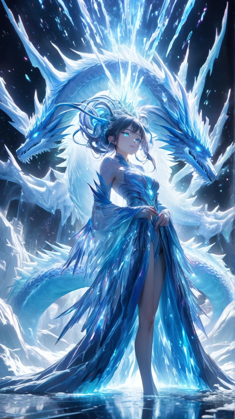 (((1girll))),(Perfect facial features:1.4),Wearing ancient Chinese Han costumes,icey,ice wings,Splashed liquid,Wavy liquid,airbubble,standing on water,There was a huge ice dragon behind him,drak,wave,Blue glow,(Frost wings),(((Powerful ice magic))),(((Icicles))),Towering over the landscape,Blue light cold light,(((Ice storms))),Wind,((Flying snow ice and snow)),Amazing results,,best qualityer,tmasterpiece,超高分辨率,finely detailled,Complicated details,8K分辨率,8KUCG wallpaper,hdr,water blue,Magic Array,Cinematic lighting effects,lightand shade contrast,Ray traching、NVIDIA RTX