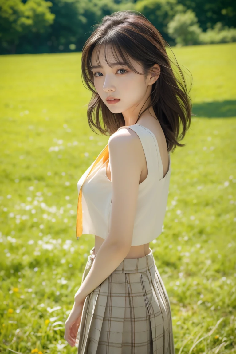 A photorealistic image of a young female archer with a serene expression, holding a bow and arrow. She is standing in a meadow with wildflowers, with soft lighting and a peaceful atmosphere. High resolution, ultra-detailed, 8k, best quality.