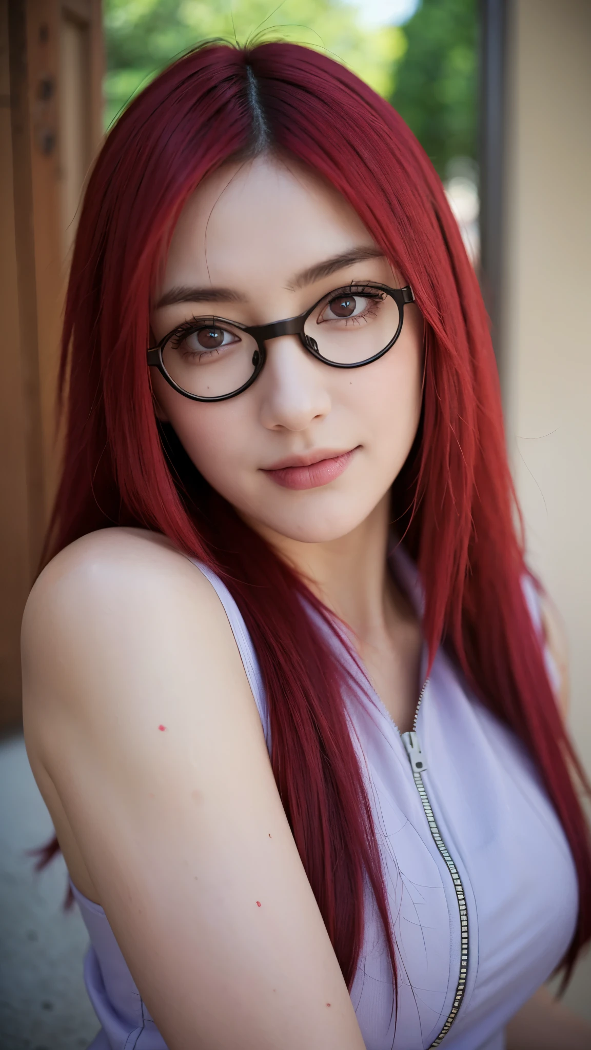 A hyper-realistic portrait of a real-life woman inspired by Uzumaki Karin from Naruto Shippuden. She has long, vibrant red hair, stylish glasses, and a confident, intelligent look. Her eyes are sharp and expressive, glowing with warmth and intensity. She is smiling gently, with a hint of mischief. The setting is softly lit, with natural light accentuating her smooth skin and detailed facial features. Her outfit is subtly modern but reminiscent of her anime appearance, with a zipper top and dark accents. The overall image is super detailed, photorealistic, and captures her beauty and charm in a lifelike, cinematic style