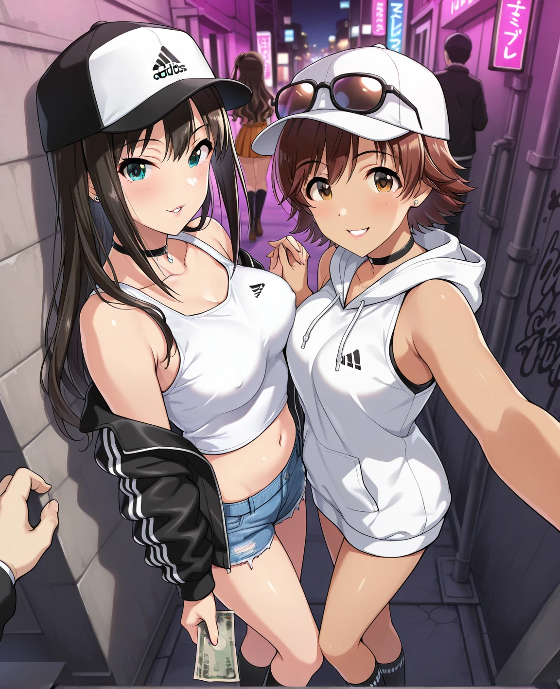 ((Cheerful nudists wearing baseball caps are playing in a row))、(()) ,Population screening、Intensive、Group selfie、Determined Pose、Mr.々Hair style
