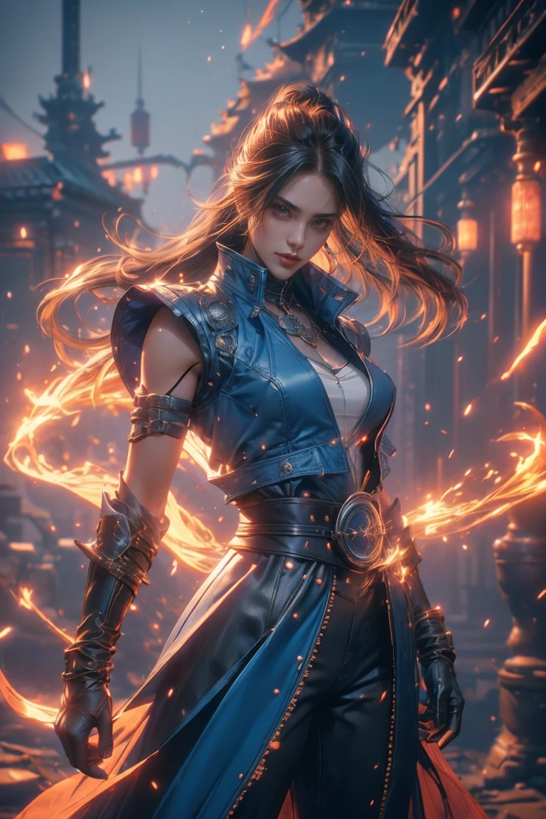 (masterpiece, best quality, 8k, insane details, intricate details, hyperdetailed, hyper quality, high detail, half body),
1girl, red long hair, intricate magician blue dress , large breast, smiling at the camera,
complex background, wind and fire effect, fiery breeze, windy breeze, stunning effect