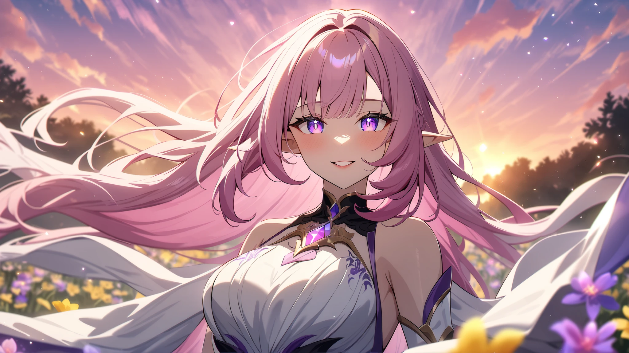 ,very aesthetic, newest, 1girl, elysia, sparkling purple eyes, pink slit pupils, pointed ears, field with gorgeous pink and purple and yellow wildflowers, sunrise, all-white clothes, extra long warm vivid pink hair, volumetric light, iridescent light, glowing flowers, iridescence, shimmering, light particles, wind, large breasts, loose flowing white silk chiffon gown, anime style,dawn, pink sky, highly detailed, pointed ears, long lashes, shimmering, glossy lips, happy, serene, heavenly, detailed face, perfect eyes