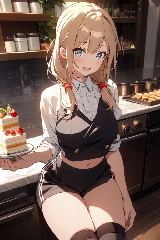 1 girl, small nose, very beautiful detailed face and eyes, bright colors, cute face, delicate beautiful face, Bright magenta eyes, cute eyes, sparkling eyes, Big eyes, (small breasts:1.3), (perky chest:1.1), (pointed chest:1.0), (cake magazine cover:1.3),highest quality, WorKs of masters, High resolution,BlacK color hair,shiny hair, side ponytail,hair between eyes,bangs, (black jacket, real clothes, cleavage, black skirts, black thighhighs, thigh strap, fingerless gloves, single glove:1.2) , spread legs, panties shot, medium hips, glamorous body, white skin, smile, thin pubric hair, super beautiful face, Super beautiful eyes, Super beautiful hair,trendy outfit,sexy and attractive,full body esbian, Real World, Natural light,perfect Natural light,(with sparkling eyes and a contagious smile), This masterpiece is not only visually stunning but also tells, make of cake cooking , in the kitchen, open mouth, looking at viewer,