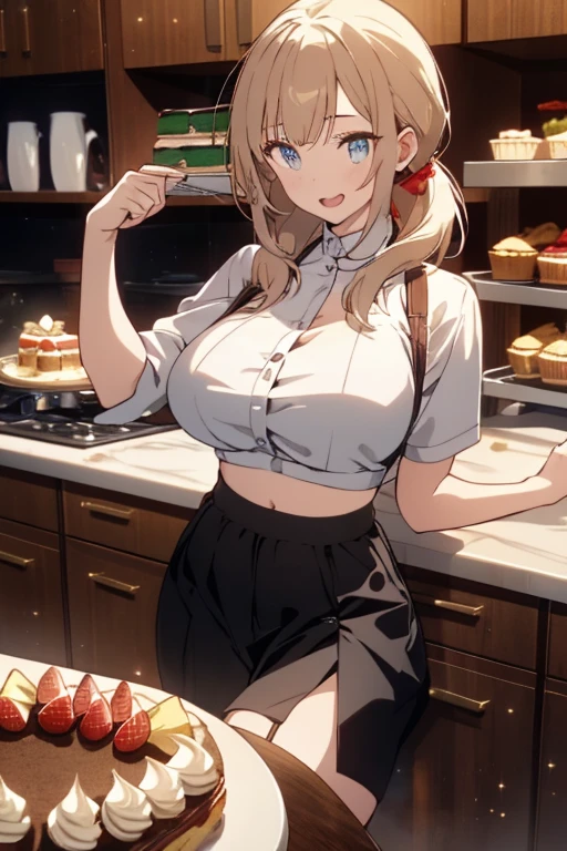 1 girl, small nose, very beautiful detailed face and eyes, bright colors, cute face, delicate beautiful face, Bright magenta eyes, cute eyes, sparkling eyes, Big eyes, (big breasts:1.3), (perky chest:1.1), (pointed chest:1.0), (cake magazine cover:1.3),highest quality, WorKs of masters, High resolution,BlacK color hair,shiny hair, side ponytail,hair between eyes,bangs, (black jacket, real clothes, cleavage, black skirts, black thighhighs, thigh strap, fingerless gloves, single glove:1.2) , spread legs, panties shot, medium hips, glamorous body, white skin, smile, thin pubric hair, super beautiful face, Super beautiful eyes, Super beautiful hair,trendy outfit,sexy and attractive,full body esbian, Real World, Natural light,perfect Natural light,(with sparkling eyes and a contagious smile), This masterpiece is not only visually stunning but also tells, make of cake cooking , in the kitchen, open mouth, looking at viewer,