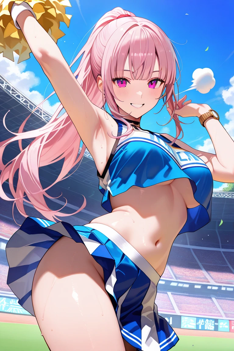 NSFW,masterpiece,Highest quality,High resolution,Very detailed,white\(no game No life\),Long Hair,Multicolored Hair,Hair between the eyes,Gradient Hair,Yellow Eyes,Flat Chest,ponytail,(Cheerleader),See-through,Tank top,Crop top,Micro Mini Skirt,Groin,Hip joint,open crotch lace panties,Knee-high socks,Thigh straps,sports boots,baseball Ground,Audience seats,fence,Frustrated face,blush,Sticking out tongue,Sweat,sexual excitement,(Ecstasy face),((Peeing)),(orgasm),(Trembling),Are standing,Leg spread,(Remote Control Vibrator)