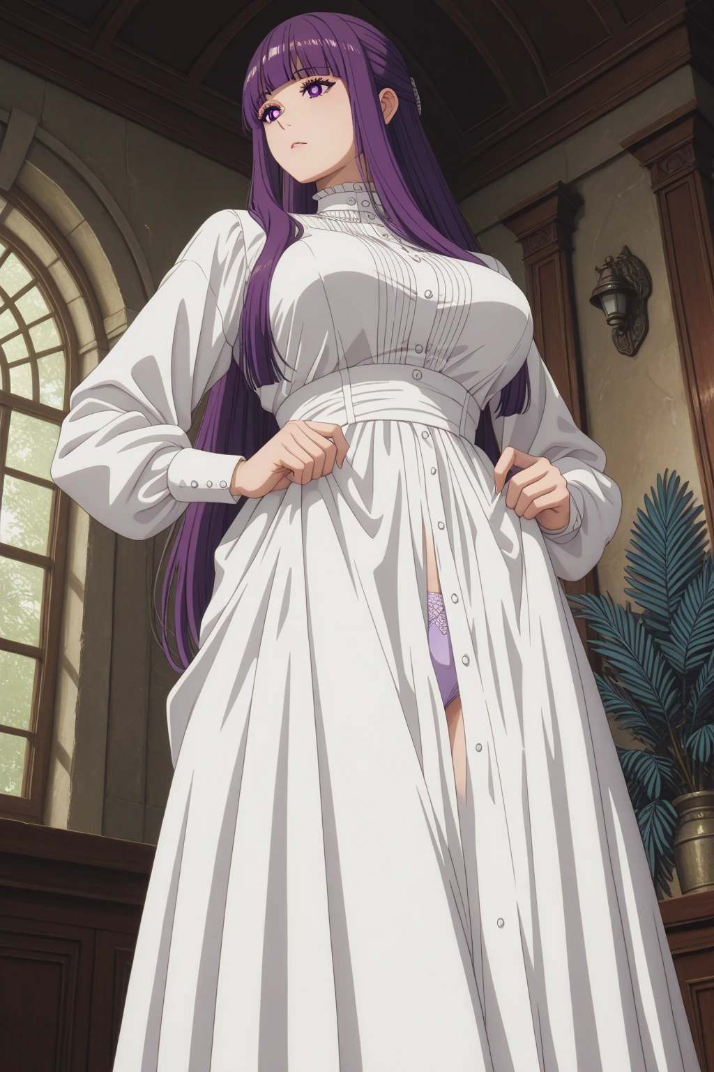 Henrietta_of_Tristain, Huge_chest, Are standing, alone, white_turtleneck_dress_white_Knee socks_white_garter_strap_tiara, masterpiece, highest quality, oftailed face, oftailed eyes, High resolution,