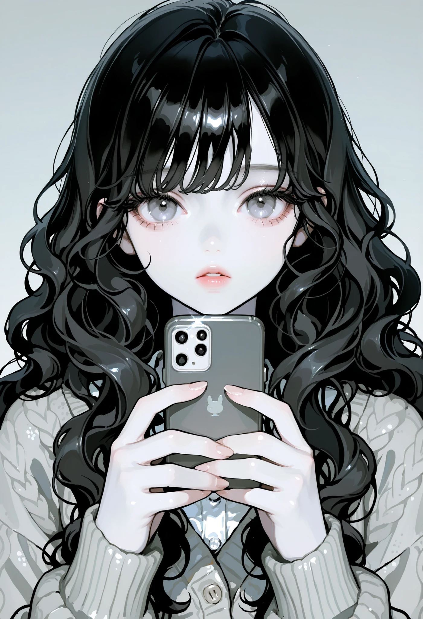 1girl, wavy hair, long hair, black hair, Bangs, milky skin, pale gray eyes, beautiful lips, delicate, knit cardigan, hold a cellphone, cute, detailed face, sunshine, 8K, high quality, ((face close up))