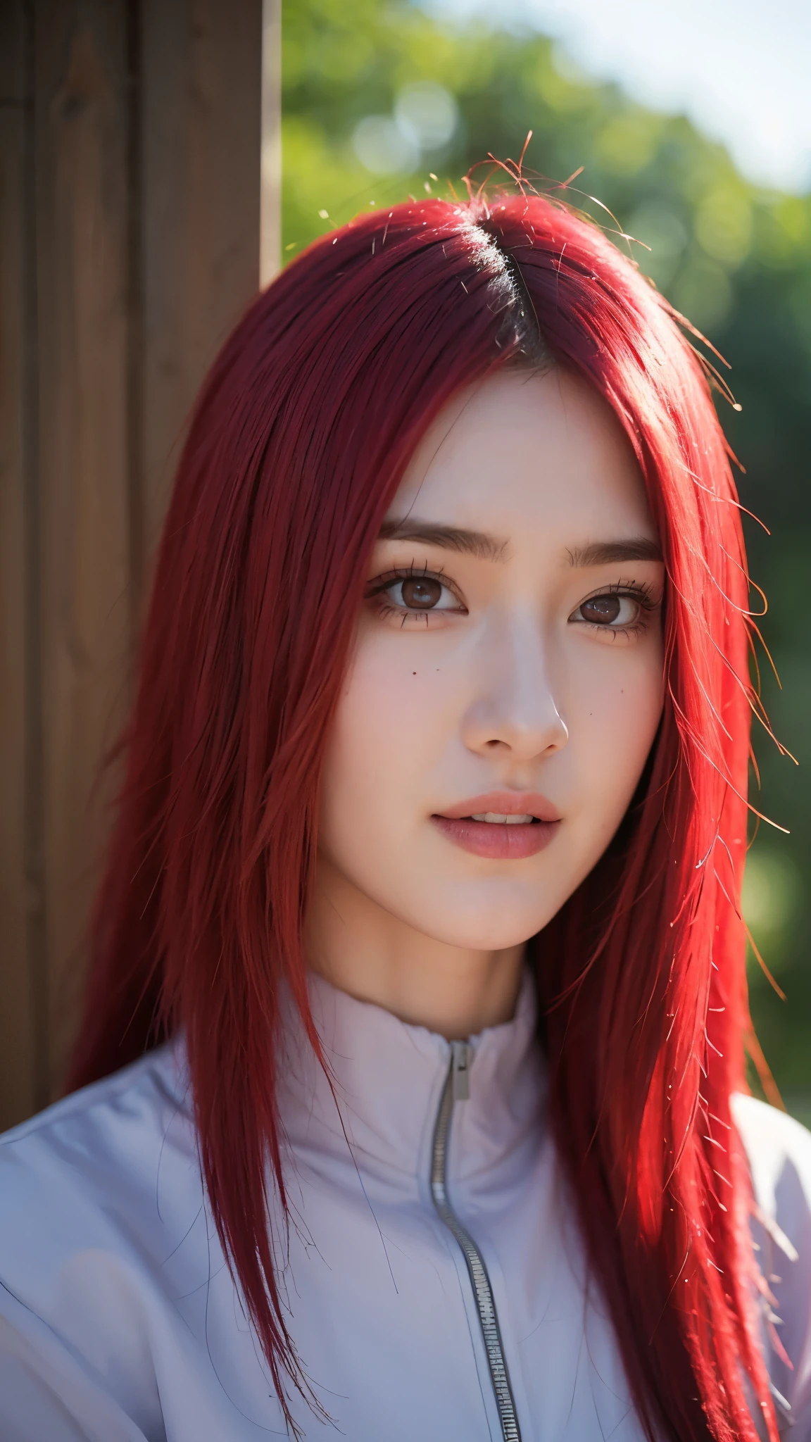 A hyper-realistic portrait of a real-life woman inspired by Uzumaki Karin from Naruto Shippuden. She has long, vibrant red hair, stylish glasses, and a confident, intelligent look. Her eyes are sharp and expressive, glowing with warmth and intensity. She is smiling gently, with a hint of mischief. The setting is softly lit, with natural light accentuating her smooth skin and detailed facial features. Her outfit is subtly modern but reminiscent of her anime appearance, with a zipper top and dark accents. The overall image is super detailed, photorealistic, and captures her beauty and charm in a lifelike, cinematic style