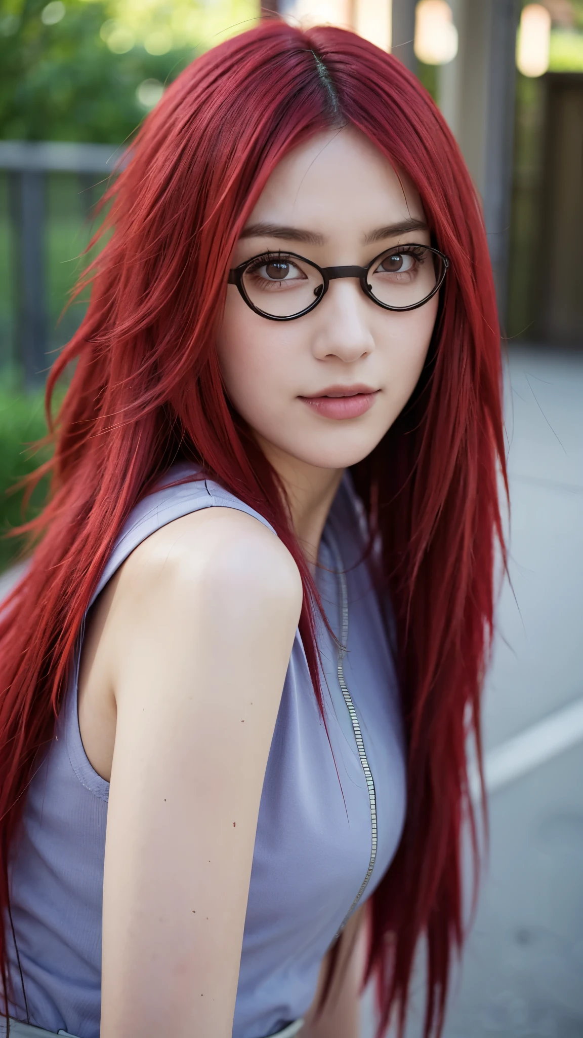 A hyper-realistic portrait of a real-life woman inspired by Uzumaki Karin from Naruto Shippuden. She has long, vibrant red hair, stylish glasses, and a confident, intelligent look. Her eyes are sharp and expressive, glowing with warmth and intensity. She is smiling gently, with a hint of mischief. The setting is softly lit, with natural light accentuating her smooth skin and detailed facial features. Her outfit is subtly modern but reminiscent of her anime appearance, with a zipper top and dark accents. The overall image is super detailed, photorealistic, and captures her beauty and charm in a lifelike, cinematic style