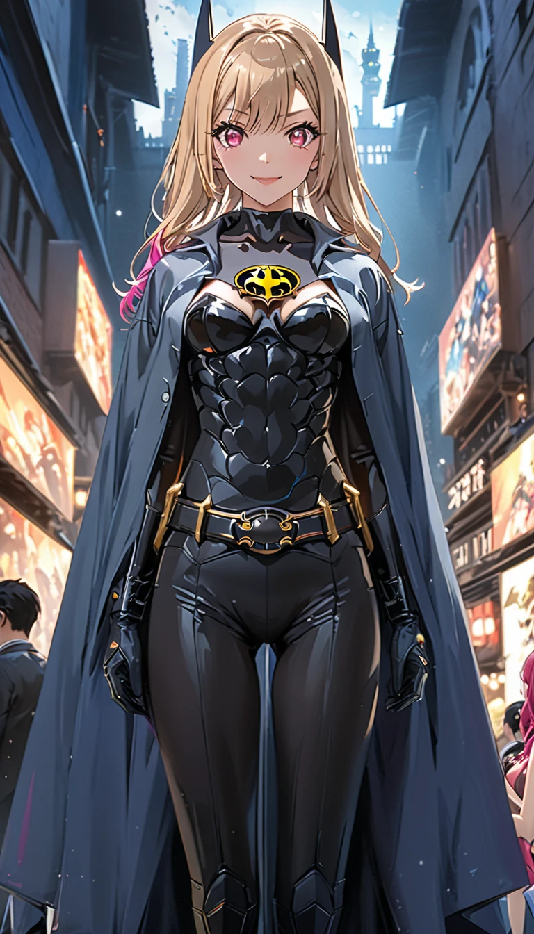 Masterpiece: 1.2, best quality, realistic, (real image, intricate details, depth of field), beautiful blonde woman, she has stunning blue eyes, highly detailed, perfect face, (huge breasts: 1.3), (skin dentition), thick thighs, wide hips, small waist, tall, (huge ass: 1.1), blushing, sexy, nijistyle, bodybuilding, black suit similar to Batman suit, dark street
