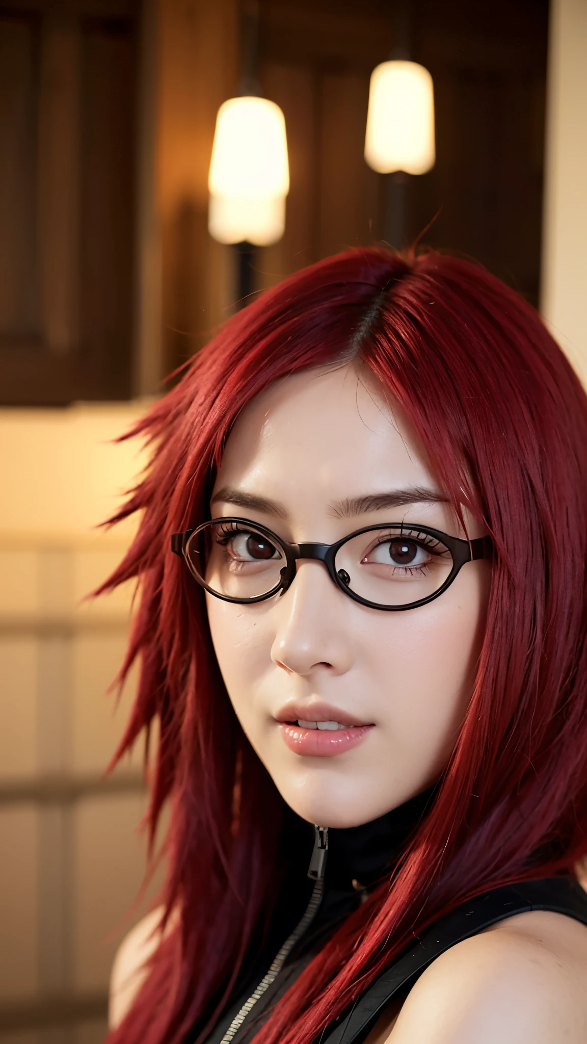 A hyper-realistic portrait of a real-life woman inspired by Uzumaki Karin from Naruto Shippuden. She has long, vibrant red hair, stylish glasses, and a confident, intelligent look. Her eyes are sharp and expressive, glowing with warmth and intensity. She is smiling gently, with a hint of mischief. The setting is softly lit, with natural light accentuating her smooth skin and detailed facial features. Her outfit is subtly modern but reminiscent of her anime appearance, with a zipper top and dark accents. The overall image is super detailed, photorealistic, and captures her beauty and charm in a lifelike, cinematic style