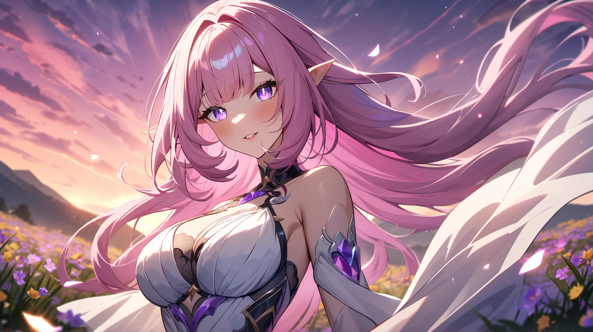 ,very aesthetic, newest, 1girl, elysia, sparkling purple eyes, pink slit pupils, pointed ears, field with gorgeous pink and purple and yellow wildflowers, sunrise, all-white clothes, extra long warm vivid pink hair, volumetric light, iridescent light, glowing flowers, iridescence, shimmering, light particles, wind, large breasts, loose flowing white silk chiffon gown, anime style,dawn, pink sky, highly detailed, pointed ears, long lashes, shimmering, glossy lips, happy, serene, heavenly, detailed face, perfect eyes