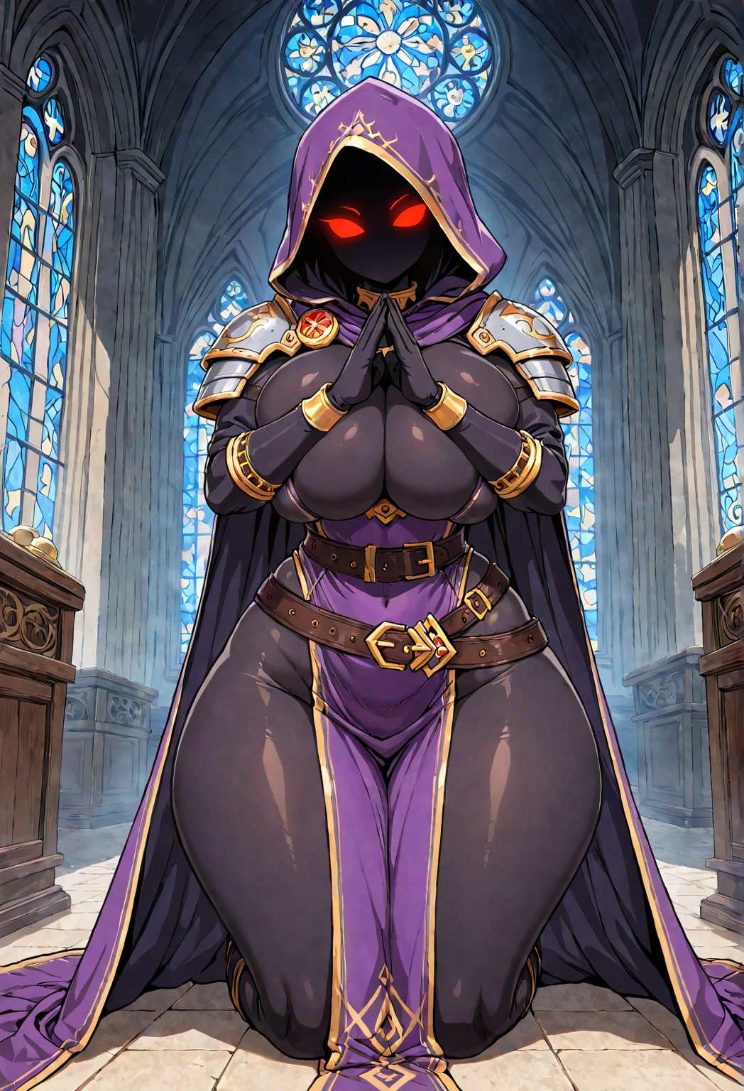 milf Ewa Sonnet wears transparent dark blue nuns robe, red panties, in cathedral, arms up looking down at camera