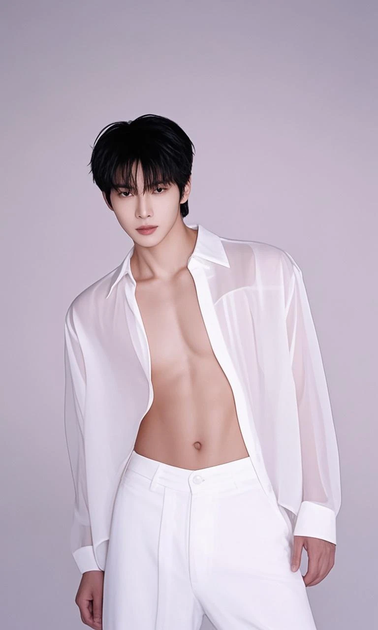 Korean boy, body hair, white black shirt