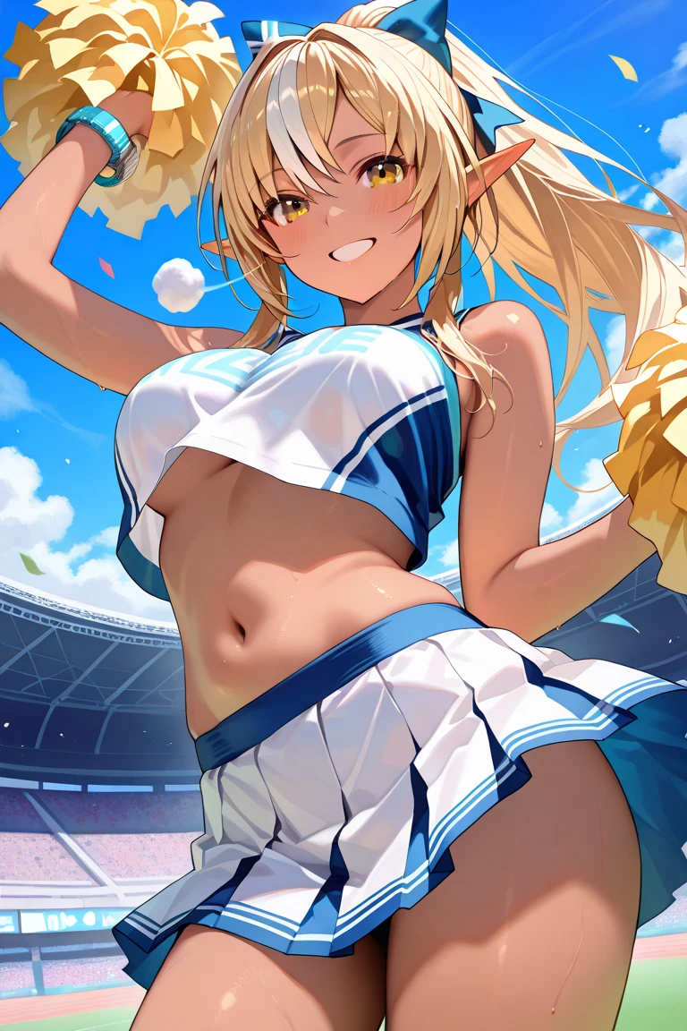 Cute girl in cheerleader outfit、Blonde hair in a ponytail、Big Breasty clothes are wet and transparent、Smiling shyly、Drawn from thighs to head、Angles that look like peeking out from below、Sunny schoolyard、Very detailed、highest quality、Ultra-high resolution、masterpiece、8k