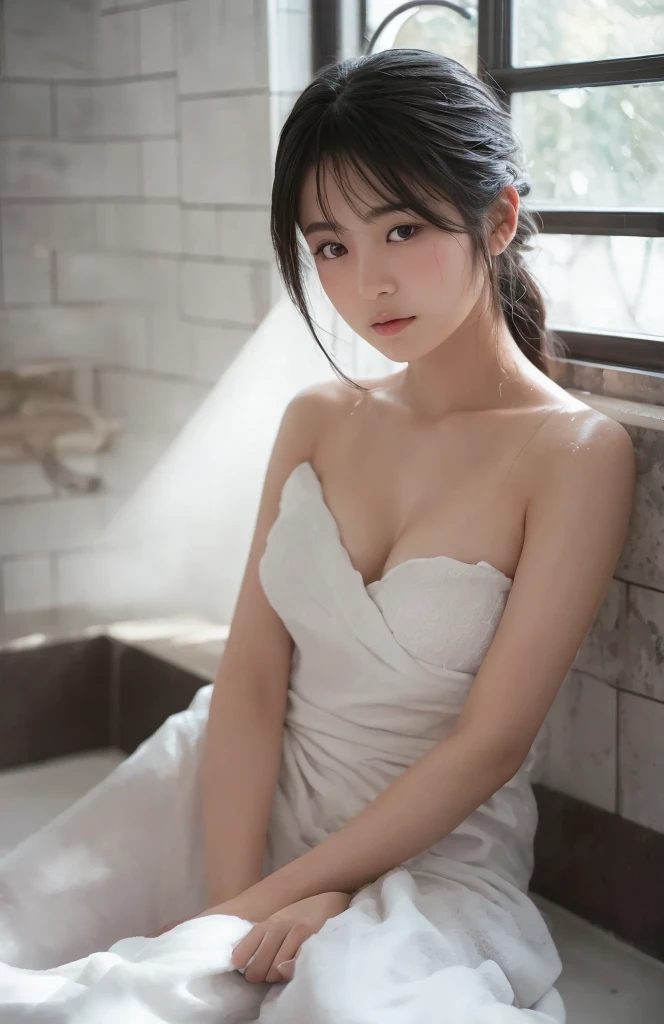 (8K), (Best Quality: 1.2), (Realistic), (Photorealistic: 1.37), Ultra High Definition, 1 Girl, Cute, shame, Closed Mouth, shy, stand up, Beautiful Details, Beautiful Nose, Full Body shot, Wet Hair, Colossal Dalsefo, Pony tale hair style, (at bathroom:1.3), (onsen), (all body surrounded by steaming:1.5), (covered with a towel), (all body is blured),KOREAN, (Silbouette shot), no underwear, arms crossed over chest, head tilted downwards or looking down